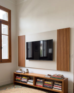 Painel Vertex Ripado Off White Com Laterais De Madeira