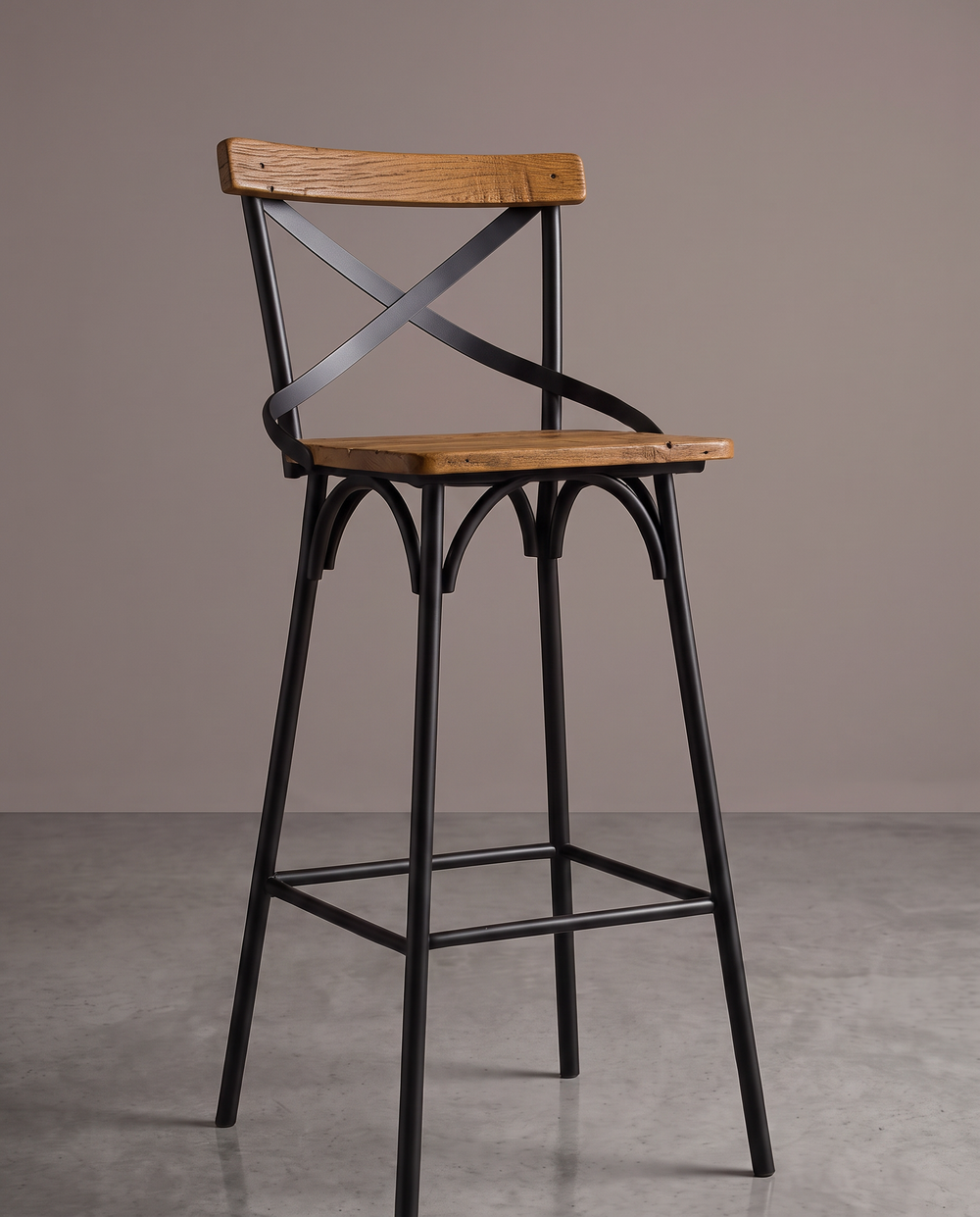 Banqueta Alta X Industrial Aço Carbono e Madeira De Demolição — Rústico (veios naturais)