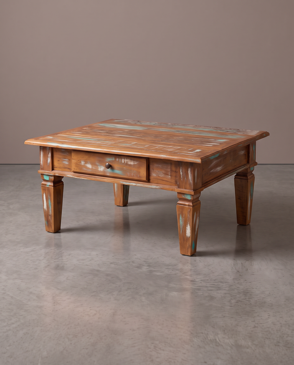 Mesa De Centro Rústica Madeira Maciça 1 Gaveta - acabamento Descascado (sobra de tinta aparente)
