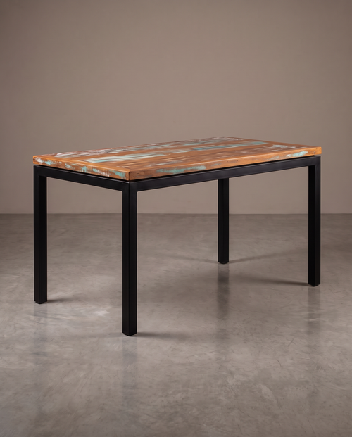 Mesa Pé Tubular Madeira De Demolição - acabamento Descascado (sobra de tinta aparente)