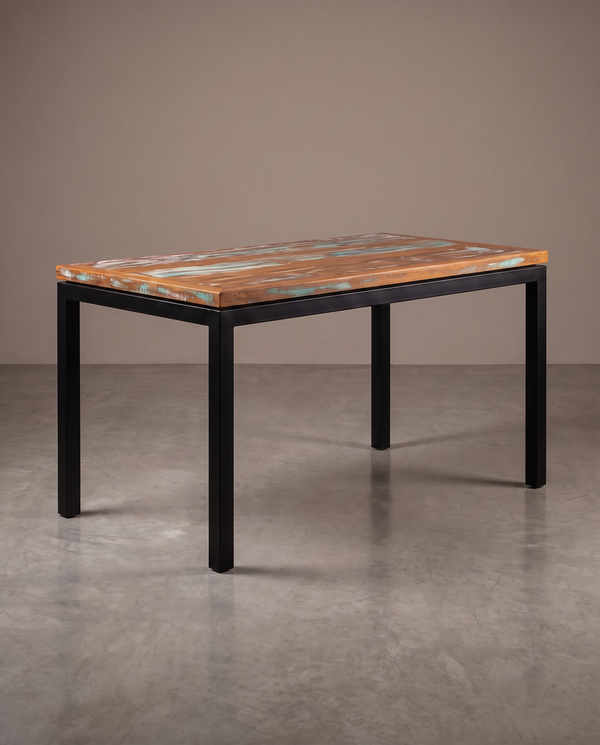 Mesa Pé Tubular Madeira De Demolição - acabamento Descascado (sobra de tinta aparente)