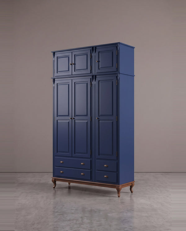 Roupeiro 3 Portas com Maleiro Hanover - Laca Azul Com Imbuia Glazer