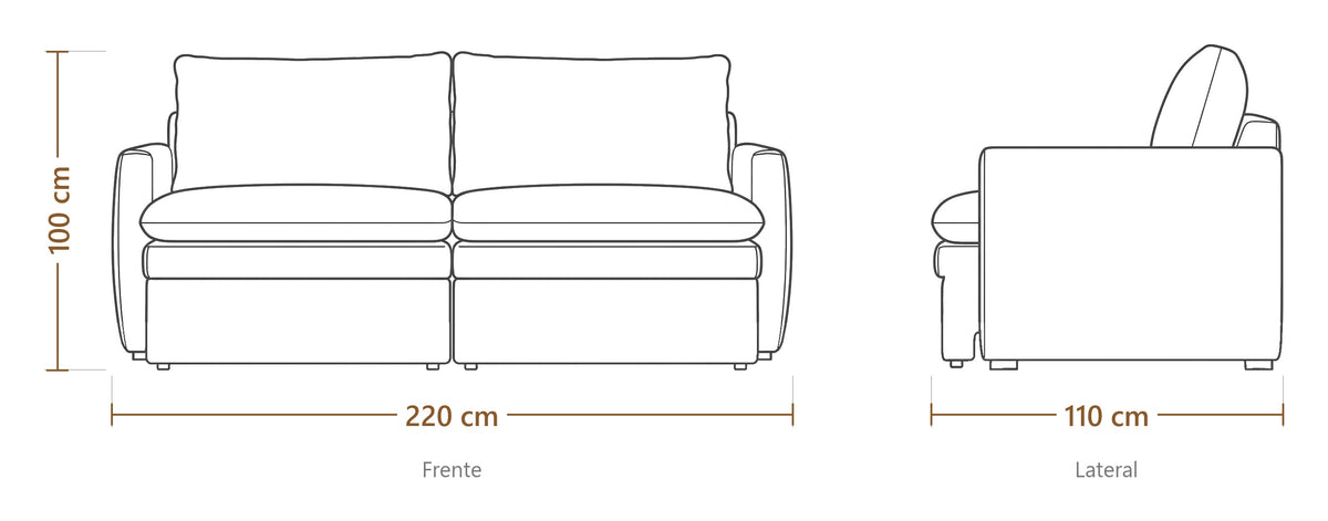 Medidas do Sofá Portinare 2,20 m: largura 220 cm, profundidade 110 cm, altura 100 cm