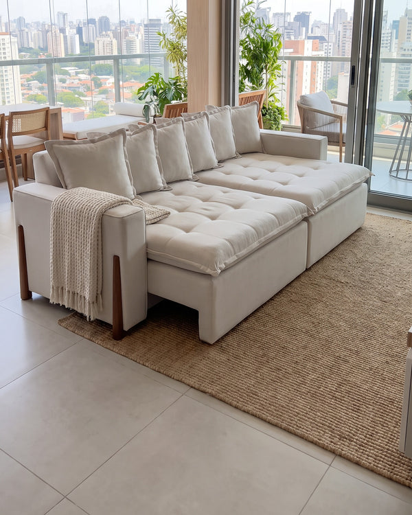 Sofá Viena Retrátil Off White Com Detalhe Em Madeira