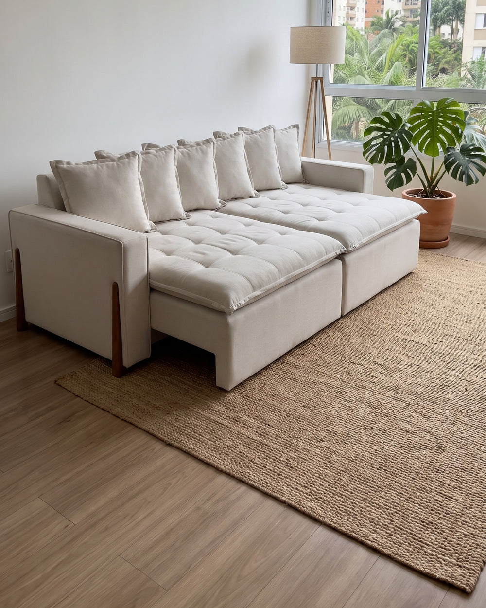 Sofá Viena Retrátil Off White Com Detalhe Em Madeira