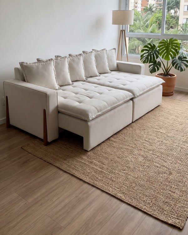 Sofá Viena Retrátil Off White Com Detalhe Em Madeira