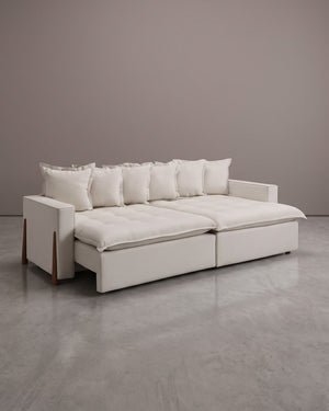 Sofá Viena Retrátil Off White Com Detalhe Em Madeira
