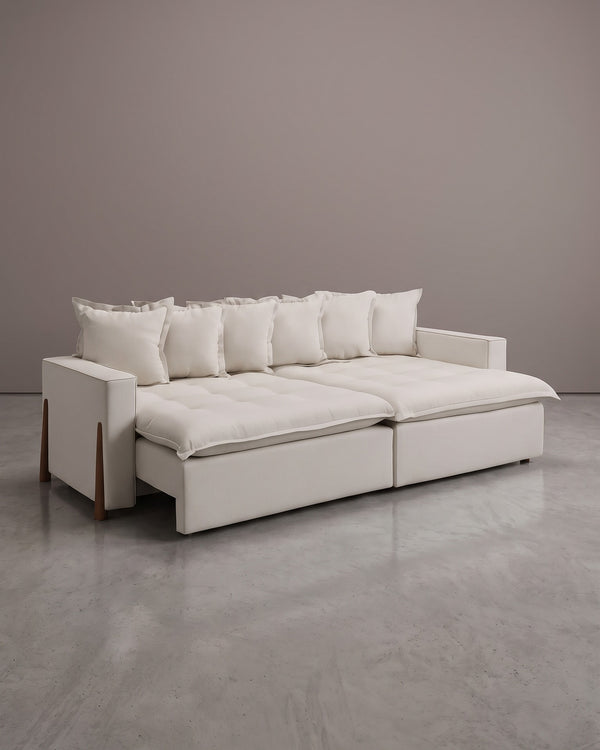 Sofá Viena Retrátil Off White Com Detalhe Em Madeira